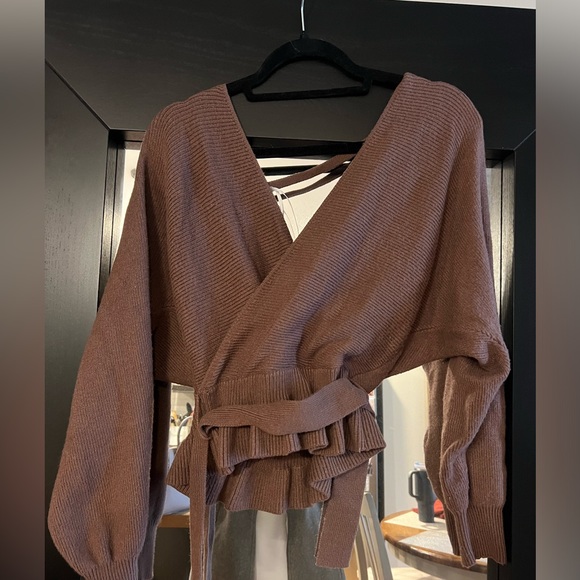 Lulus Sweet and Sophisticated Brown Knit Faux-Wrap Sweater - Picture 4 of 6